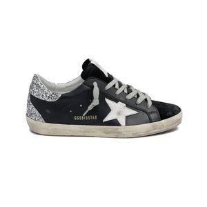 GOLDEN GOOSE SNEAKERS SUPERSTAR BLACK SILVER GLITTER HEEL SIZE 38